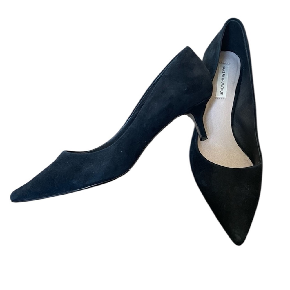 Saks Fifth Avenue Women’s Black Suede Pointed Toe Kitten Heel Pumps Shoes Sz 6.5